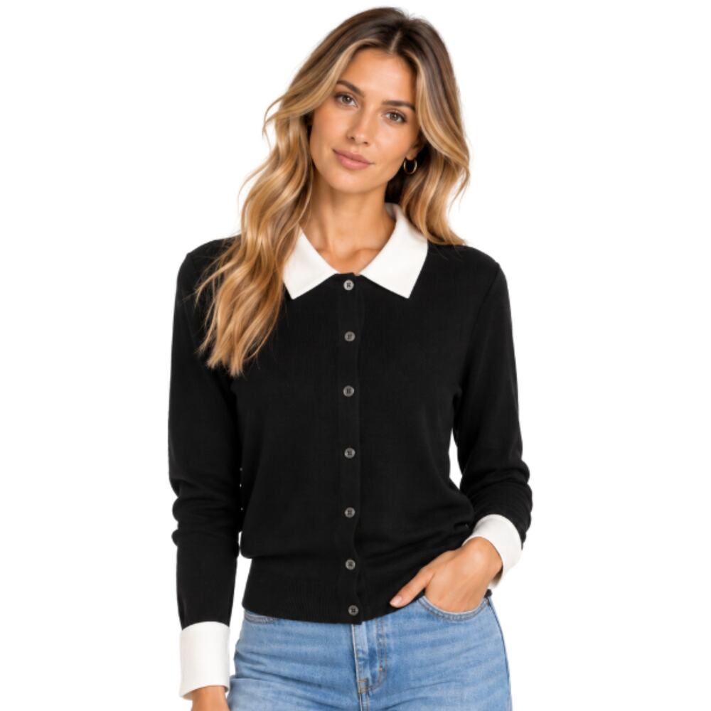Ralph Lauren Black White Contrast Collar Cardigan Vintage NWT Size Small
